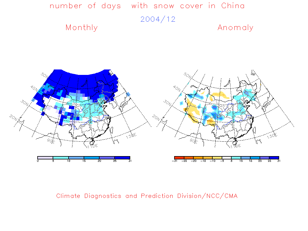  Fig.4 Number of Days with Snow Cover (left) and Anomalies (right) in China during Dec. 2004. (Unit :day)