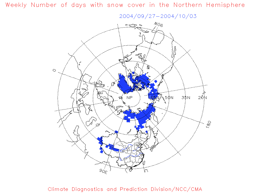 Weekly Snow Cover in the Northern Hemisphere Animation (Oct.2004--Jan.2005)  (Original data are from http://www.cpc.ncep.noaa.gov/data/snow/)